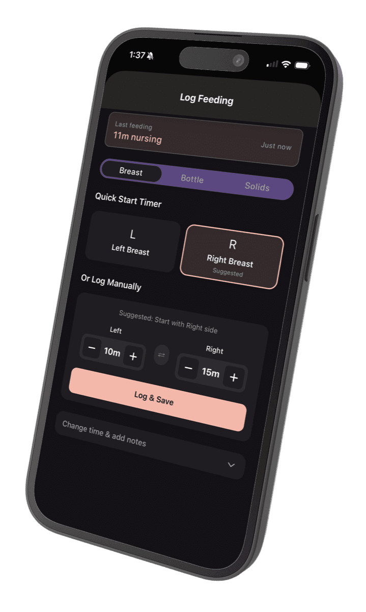 Cradle Log feeding screen showing breast, bottle, and solids tracking with quick start timer